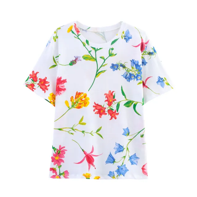 Flower Print Pullover Short sleeved Casual Top Multicolor - Shop at LoveMi