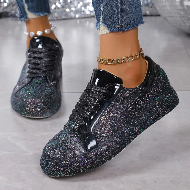 Plus Size Sequins Casual Fashion Shoes Women Front Lace Up Sneaker Women Black - Shop at LoveMi