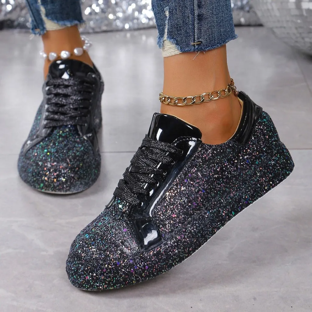 Plus Size Sequins Casual Fashion Shoes Women Front Lace Up Sneaker Women - Black