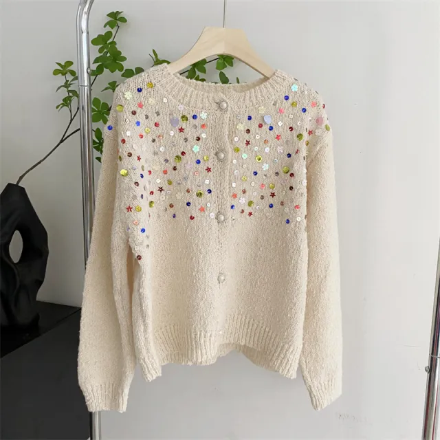 Sweet Design Idle Style Sequined Sweater For Women Spring And Autumn New Knitted Cardigan Outerwear Top Apricot - Shop at LoveMi