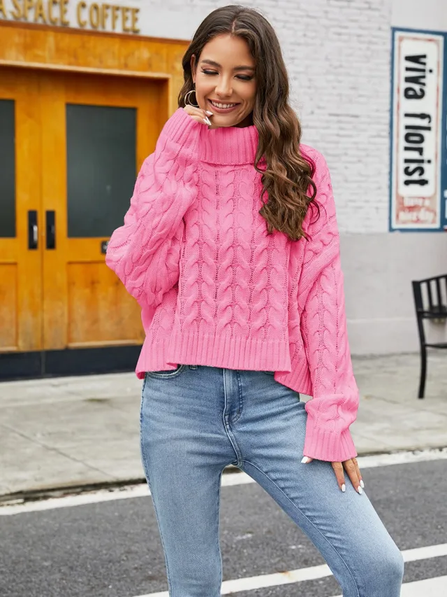 Thick Hemp Flowers Turtleneck Sweater Solid Color Casual Pink - Shop at LoveMi
