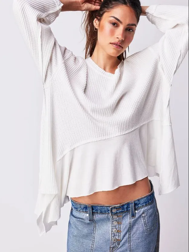 Women's Waffle Loose Stitching Irregular Sweater White - Shop at LoveMi