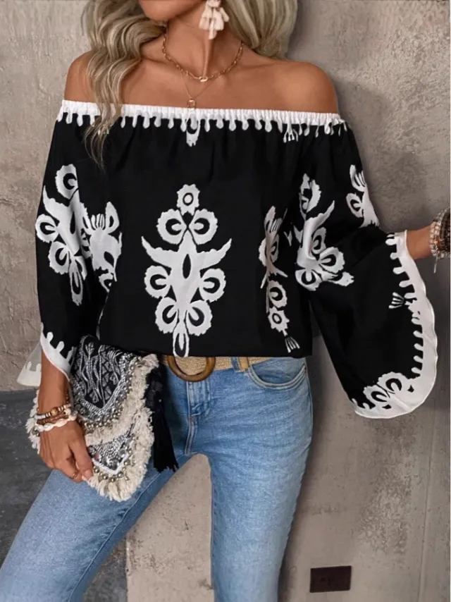 Fashion Loose Print Off shoulder Top Women Black - Shop at LoveMi