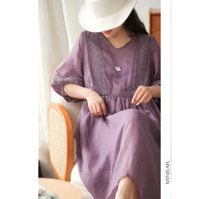 Three quarter Sleeve Artistic Style Lace up Dress Long V neck Comely Light Purple - Shop at LoveMi