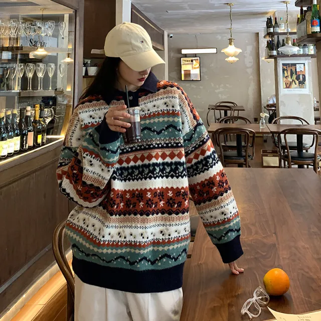 Men's Retro Lapel Sweater Loose White - Shop at LoveMi