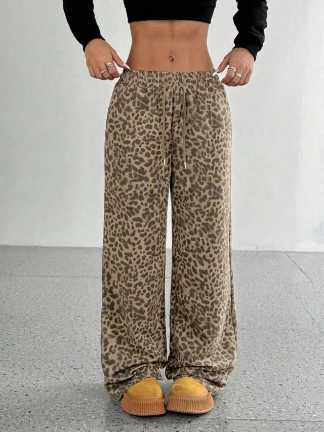 Irregular Copywriting Loose High Waist Wide Leg Casual Trousers Light Brown - Shop at LoveMi