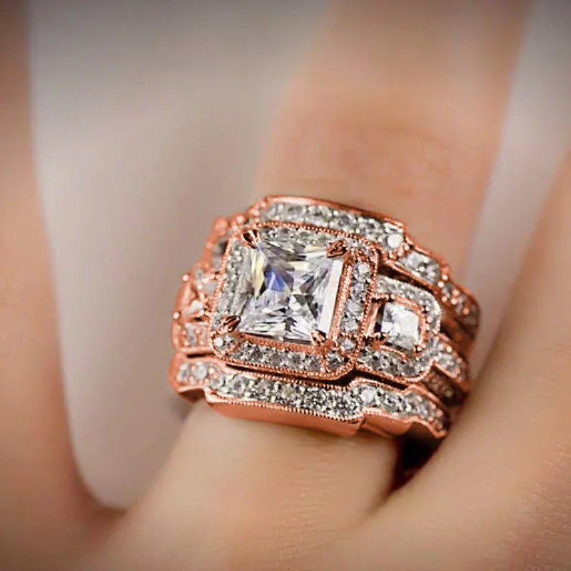 European And American-style Zircon Three-layer Ultra-shiny Square Mosaic Ring For Women - Rose Gold