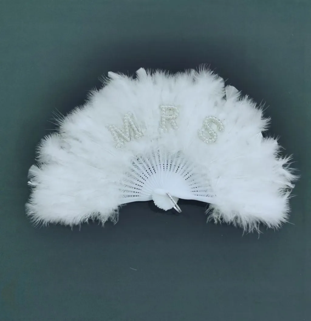 Pearl White Bridal Feather Decorative Folding Fan - White Mrs