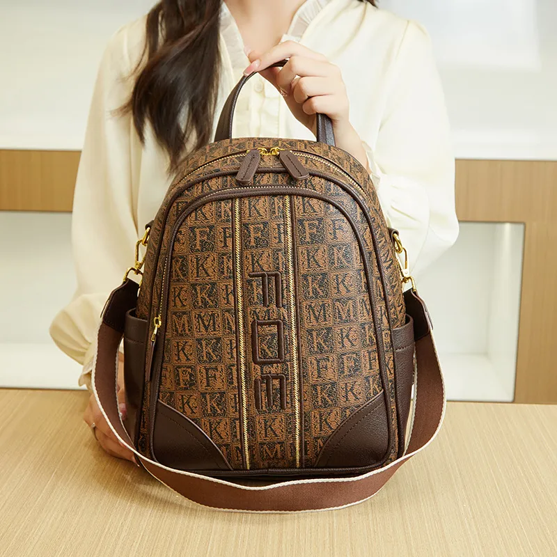 Backpack Trendy Printed Schoolbag Special Interest Light Luxury Fashion All-match Travel Backpack For Women - Coffee