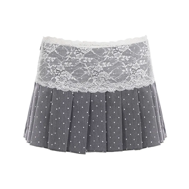 Low-rise Pleated Skirt With Lace Trim And Panel Design To Prevent Wardrobe Malfunctions - Gray