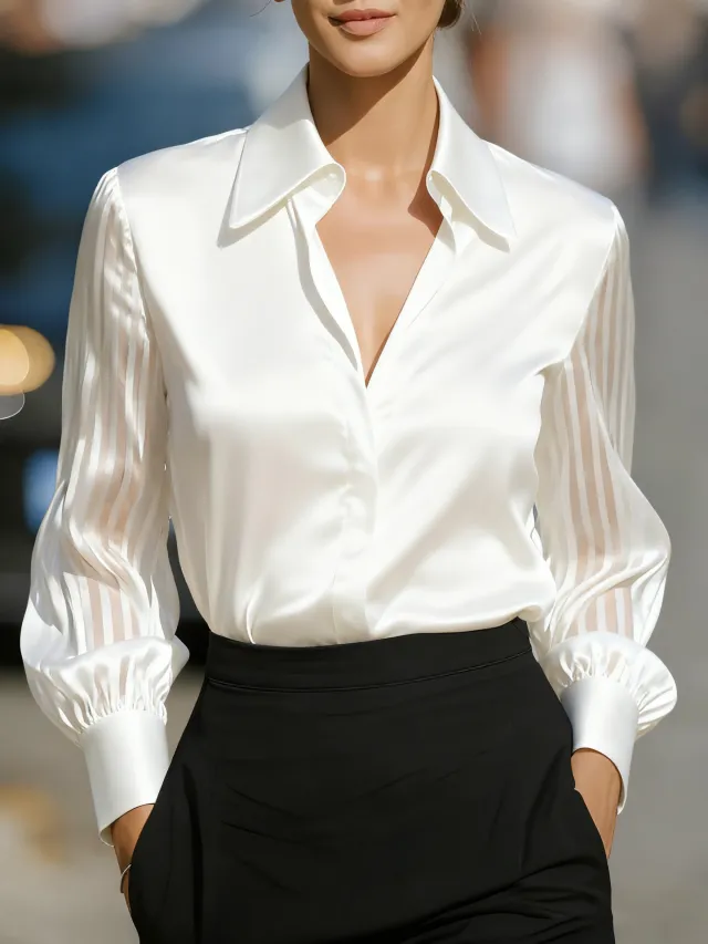 Solid Color Versatile Loose Satin Long Sleeve Shirt Women White - Shop at LoveMi