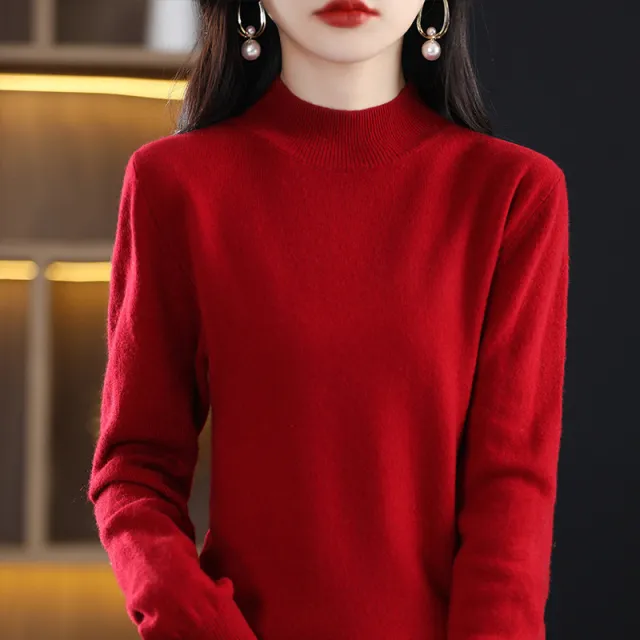 Loose Slimming Thickened New Wool Women's Half Turtleneck Knitted Sweater Red - Shop at LoveMi