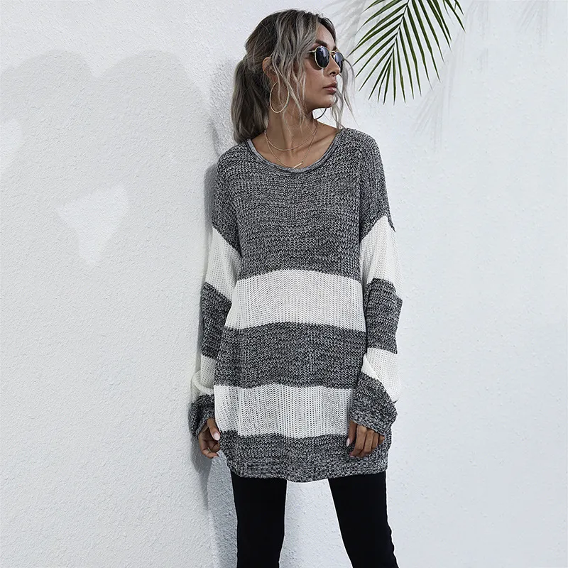 Striped Color Matching Knitted Inner Match Female Mid-length Sweater - Gray