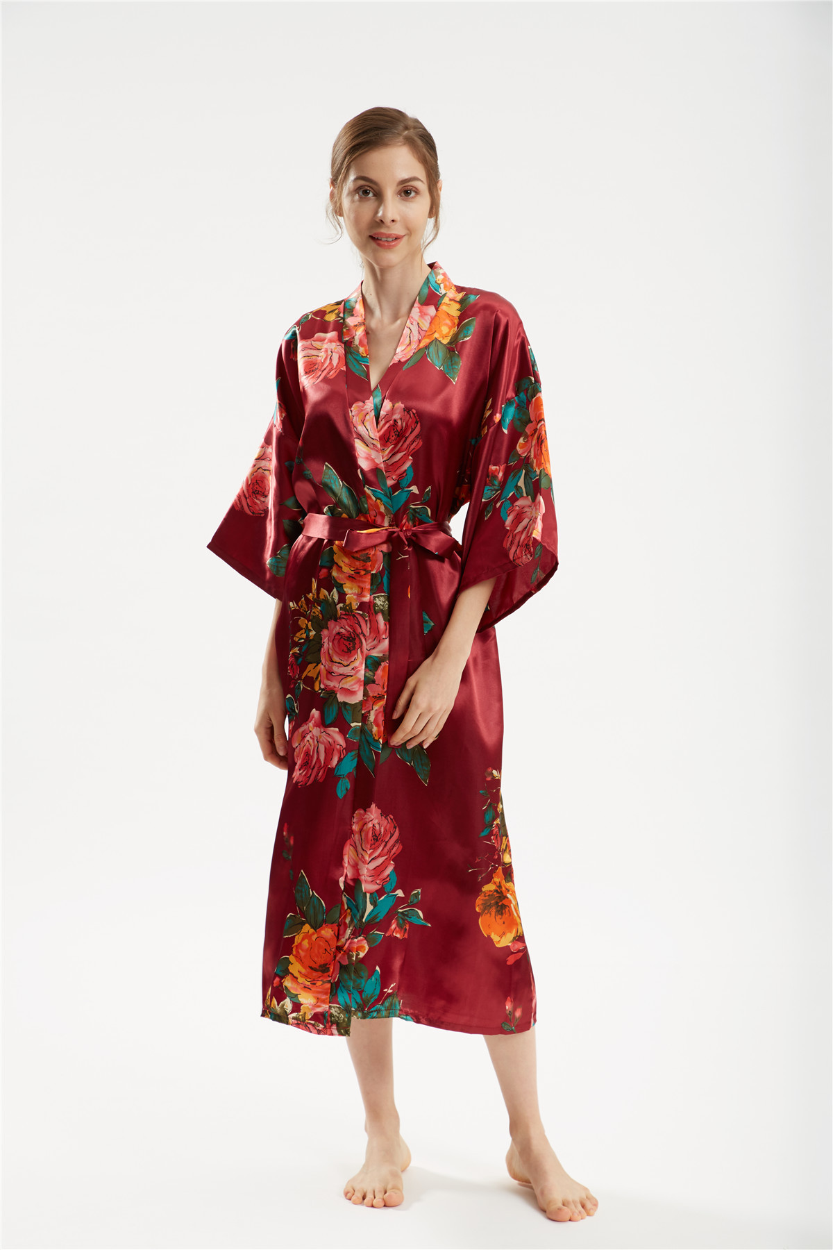 Title 14, Satin handbemalter Pfingstrose langer Kimono Yu...