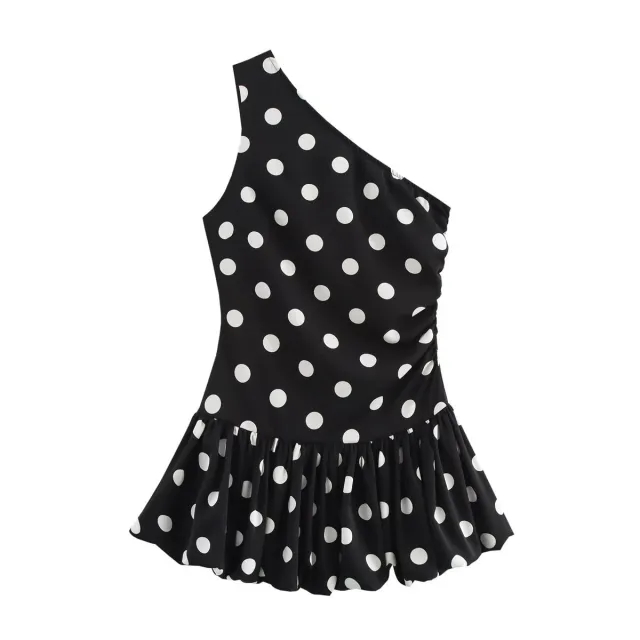 Simple And Thin Slim fit Dots Sloping Shoulder Dress Polka Dot - Shop at LoveMi
