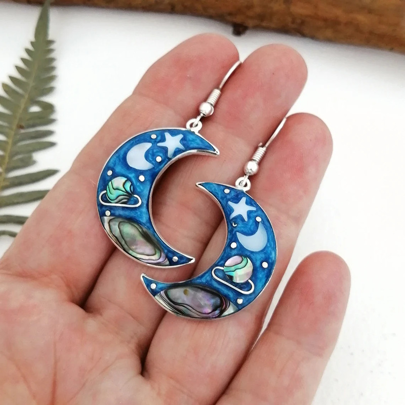 Female Retro Crescent Blue Sky Planet Earrings