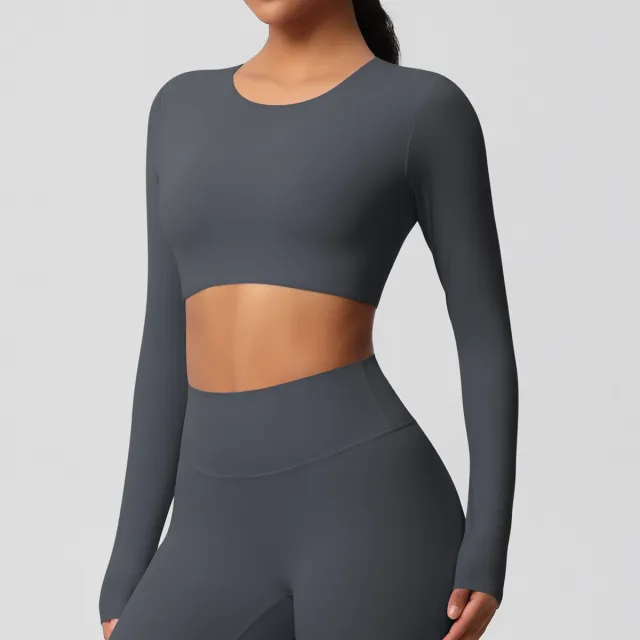 Yoga Clothes Pilates Running Sport Long Sleeve Top Gray - Shop at LoveMi