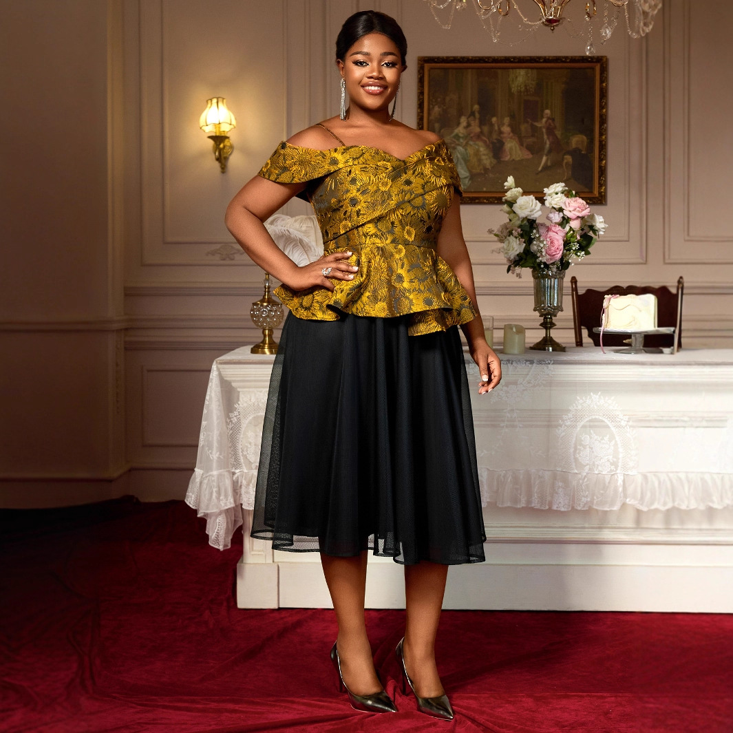 Embroidered Irregular Sleeves Corset Black Mesh Skirt