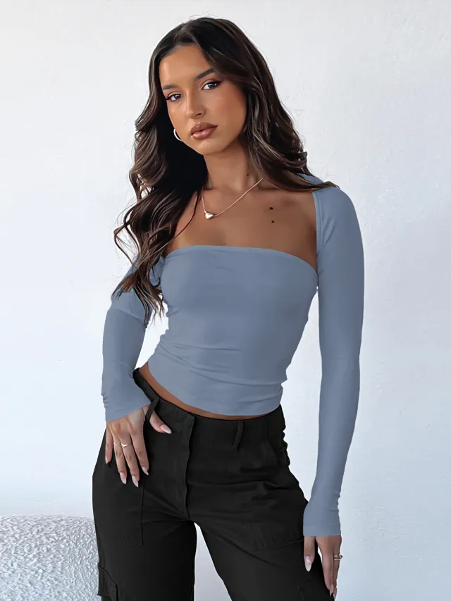 Sexy Tube Top Cinched Waist T shirt Long Sleeve Tight Two piece Blouse Women's Top Dark Blue - Shop at LoveMi