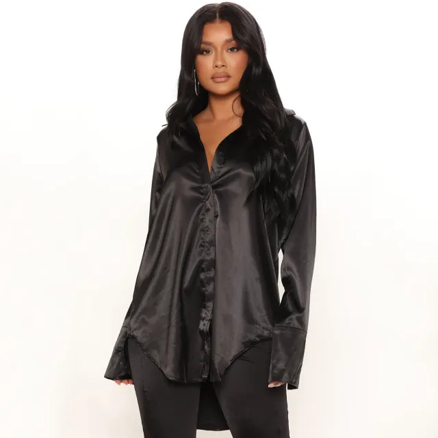 Long Sleeve Irregular Long Shirt For Women Black - Shop at LoveMi