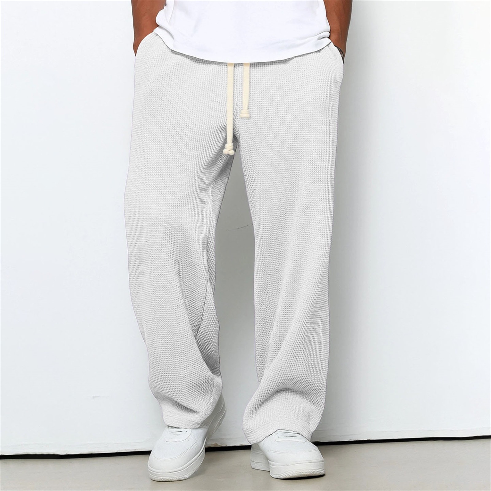 Mens Relaxed-fit Waffle-knit Wide-leg Athleisure Pants
