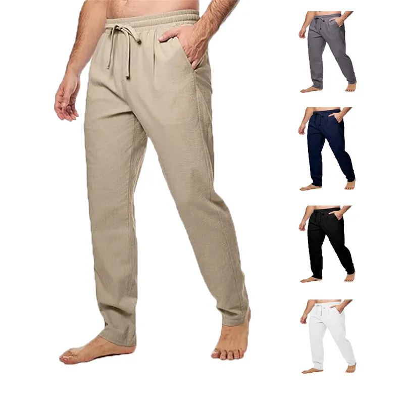 Men's Cotton And Linen Trousers Loose Drawstring Waist Straight Summer Breathable
