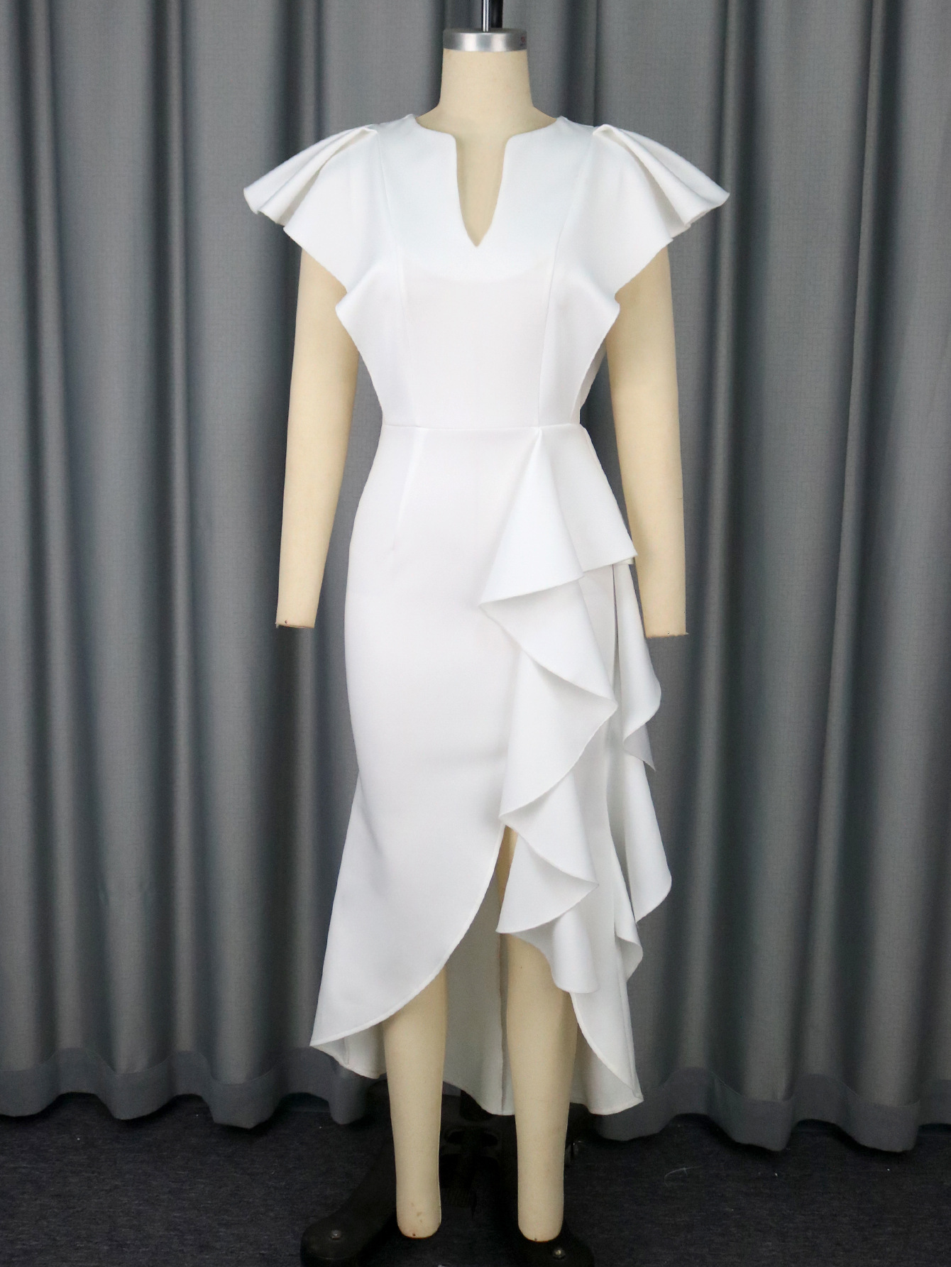 High Waist Irregular Elegant V neck Flounce Dress White - Shop at LoveMi