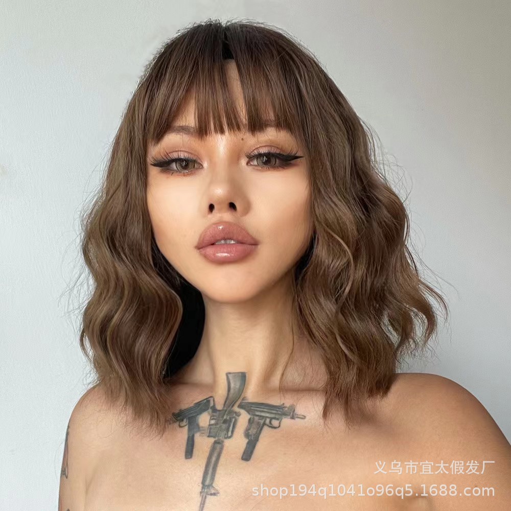 Full head Wig style Curly Small Wave Hairstyle Air Bangs Artificial Human Hair Wig Sheath Light Brown - Shop at LoveMi