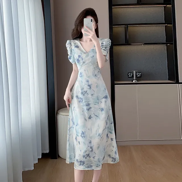 V neck French style Cheongsam Dress With Short Sleeves Blue - Shop at LoveMi