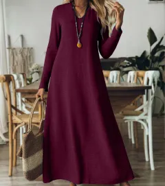 Loose Slim-fit Solid Color Long Sleeve Maxi Dress - Dark Red - View 1