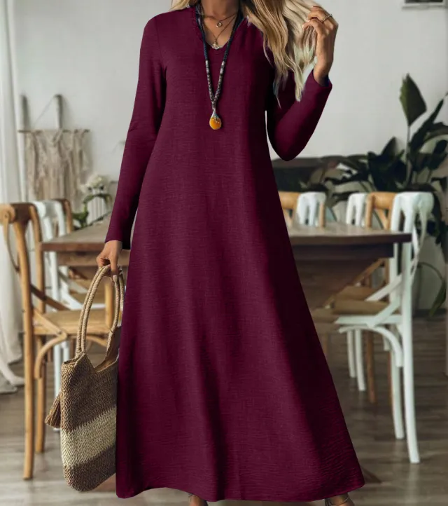 Loose Slim fit Solid Color Long Sleeve Maxi Dress Red - Shop at LoveMi