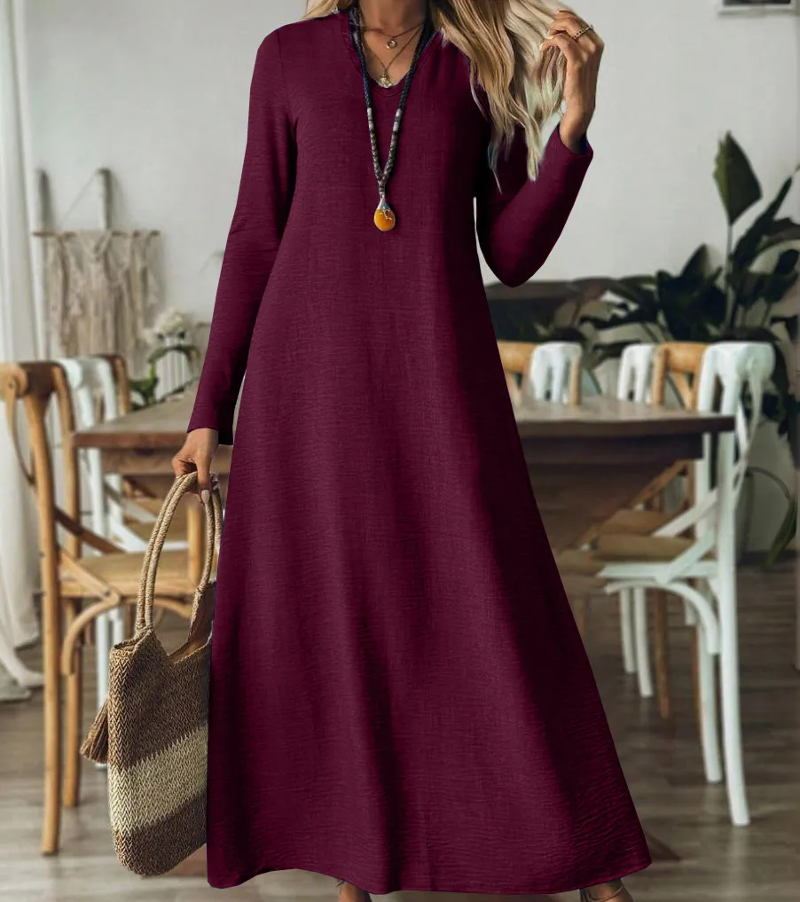 Loose Slim-fit Solid Color Long Sleeve Maxi Dress - Red