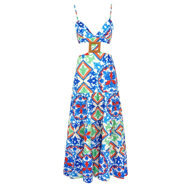 Women's Bohemian Style Hollow High Waist Backless Beach Skirt Blue Printing - Shop at LoveMi