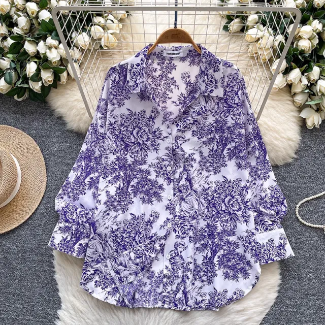 Lazy Style Niche Versatile Loose Casual Printed Shirt Purple - Shop at LoveMi