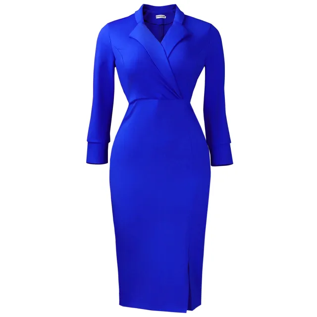 New Autumn Suit collar Long sleeve Elegant Sheath Dress With A Defined Waist Blue - Shop at LoveMi