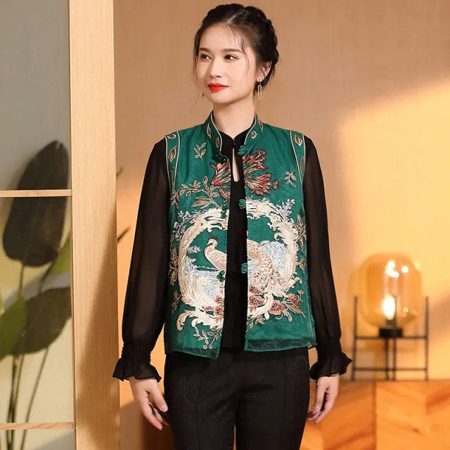 Ruyi Yarn Flower And Bird Embroidered Sleeveless Tang Suit Green - Shop at LoveMi