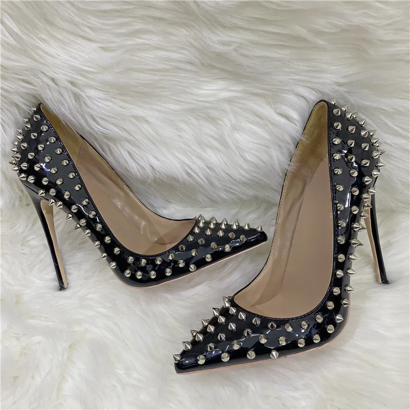 Rivet High Heels Pointed Stiletto Low-cut Shoes - Black