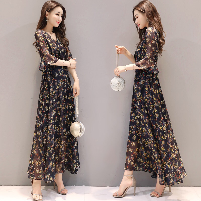 Summers New Slim-fit Floral-print Chiffon-look Dress product image