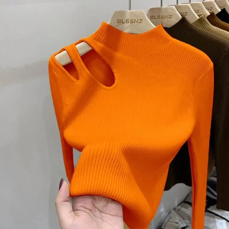 French Water Drop Hollow Out Bottoming Sweater Autumn And Winter Chic Clavicle Sweater - Orange