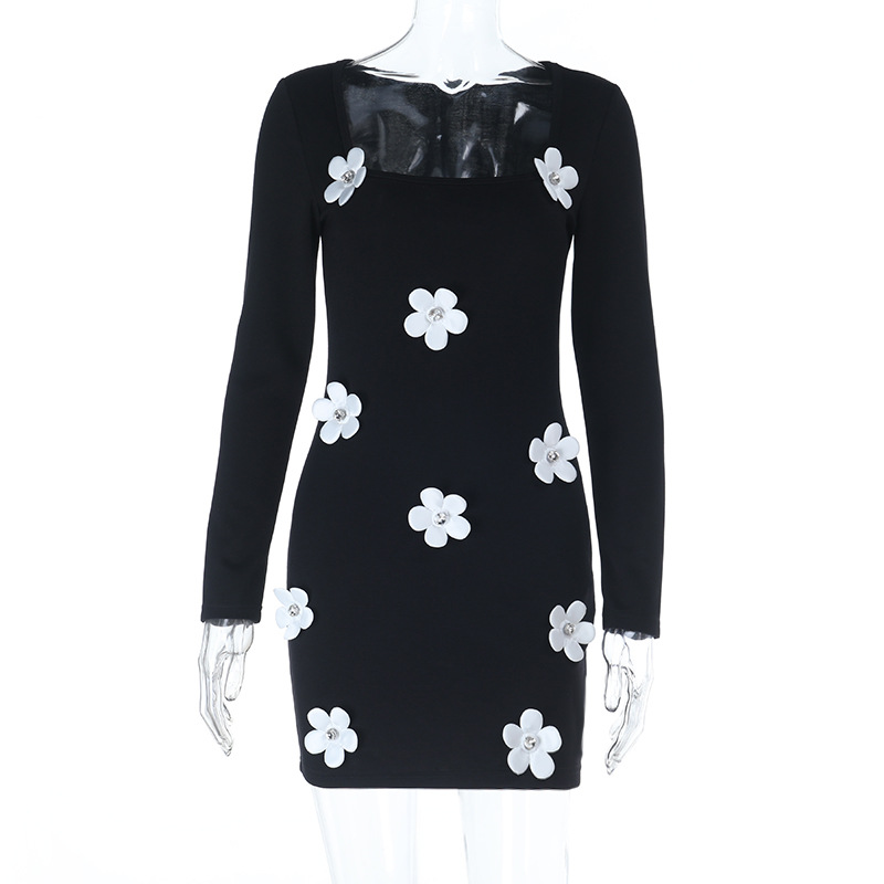 Autumn And Winter New Sexy Babe 3D Floral Long Sleeve Dress Black - Shop at LoveMi