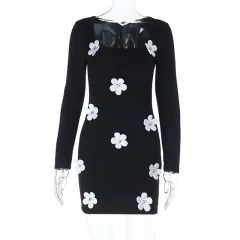 Autumn And Winter New Sexy Babe 3D Floral Long Sleeve Dress - Black - View 1