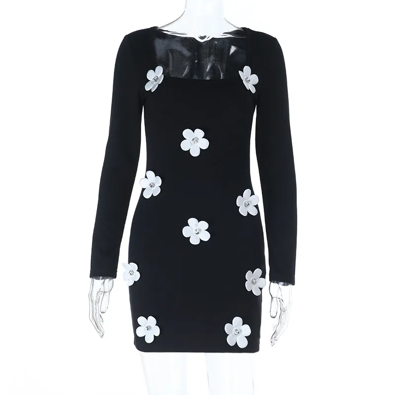 Autumn And Winter New Sexy Babe 3D Floral Long Sleeve Dress - Black