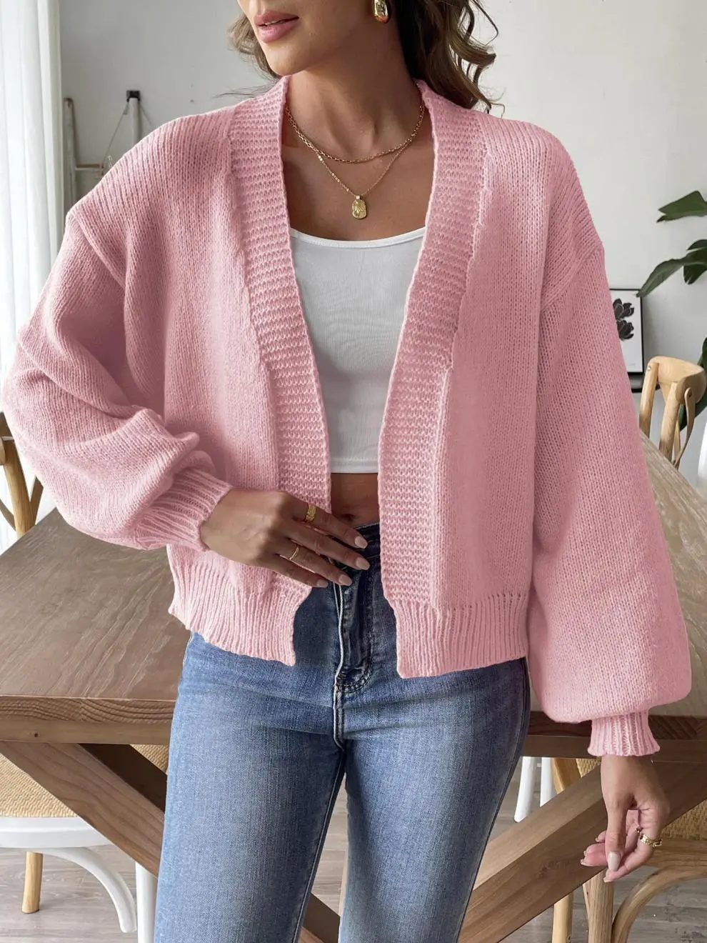 Women's Lantern Sleeve Simple Casual Short Sweater - Pink
