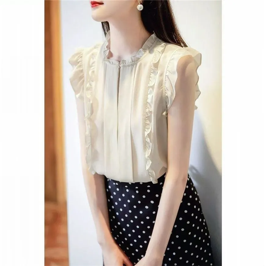 Sleeveless Ruffled Floral Women's Loose Sweet Chiffon Printed Top - Beige