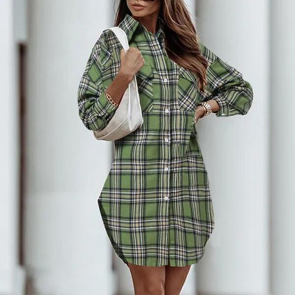 Women's Printed Plaid Plus Size Pocket Shirt Dress Green - Shop at LoveMi