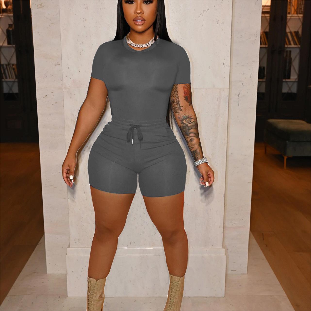 Come To Picture A Chalk Printed Women's Solid Color Casual Belt Drawstring Shorts Two piece Set Dark Gray - Shop at LoveMi