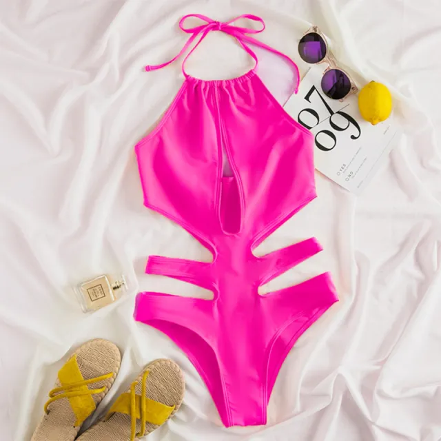 Multicolor Solid Color Retro Halter Beach One piece Swimsuit Pink - Shop at LoveMi