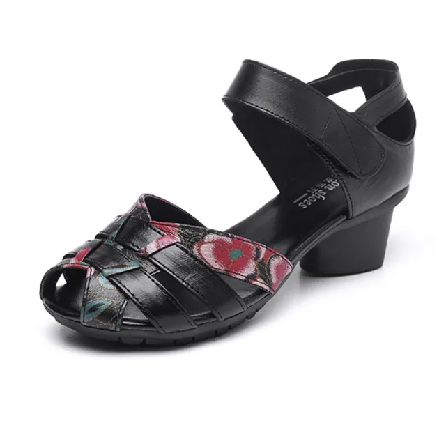 Retro Ethnic Style Chunky Heel Mom Shoes Soft Bottom Pumps Cowhide Breathable Coros Shoes Black - Shop at LoveMi