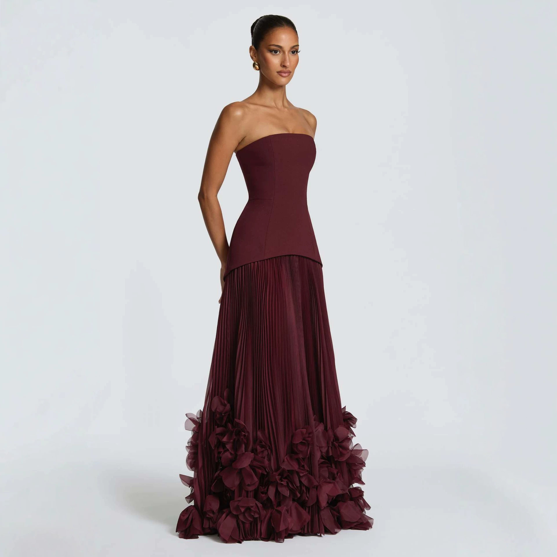 Three-dimensional Petal-style Strapless Floor-length Waist-cinching Dress