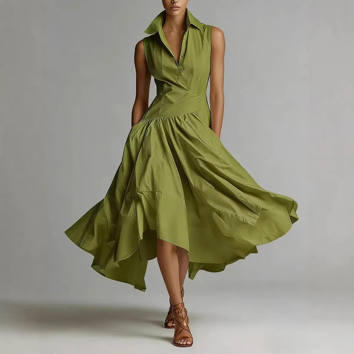 Womens Casual Loose-fitting Mid-length Dress With A Shirt Collar And No Sleeves